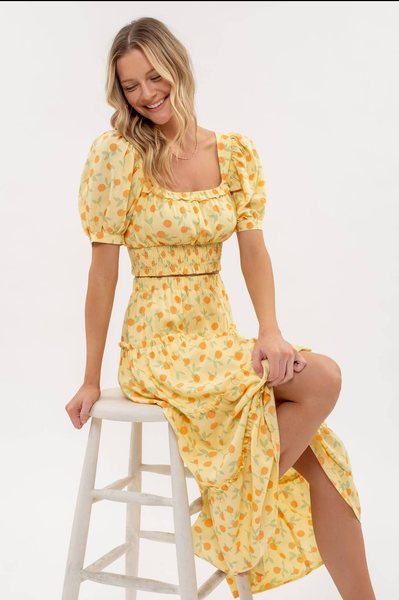 Yellow fruit print two piece top and skirt set
