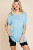 Exposed seam top in coral pink, sky blue, cotton mint