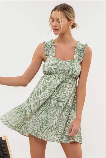 Green leaf print mini dress