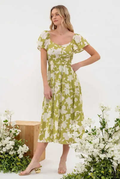 Kiwi Floral Print Tiered Midi Dress