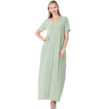 Light Green V-neck Short Sleeve Maxi Dress With Side Pockets