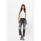 SNEAK PEEK HIGH RISE DISTRESSED STRAIGHT LEG JEAN W/ FRAY HEM