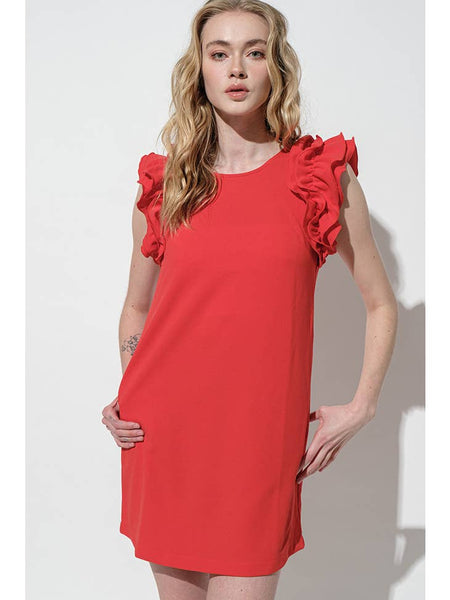 Red Solid Ruffled Sleeve Mini Dress