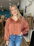 Satin Effect Peasant Blouse in Dusty Sienna